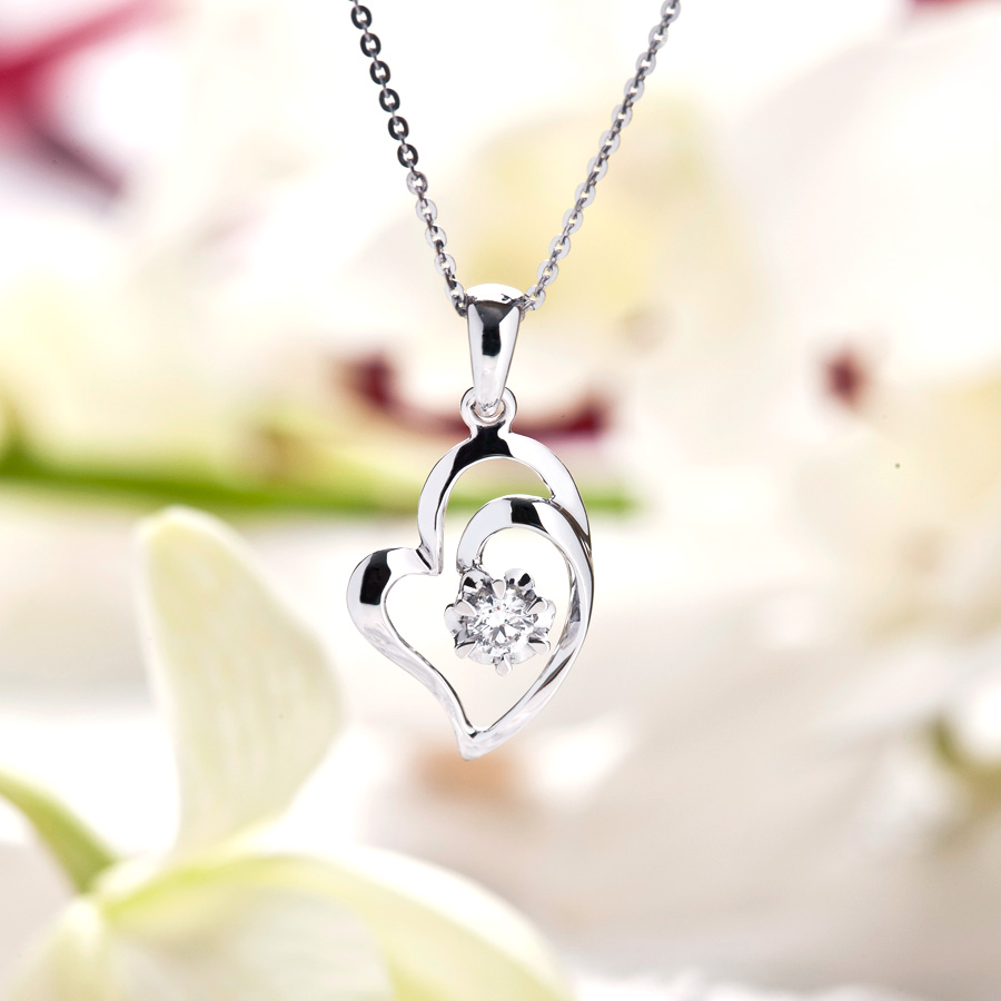 我爱钻石 钻石吊坠 女款式 18k白金10分心相连【图