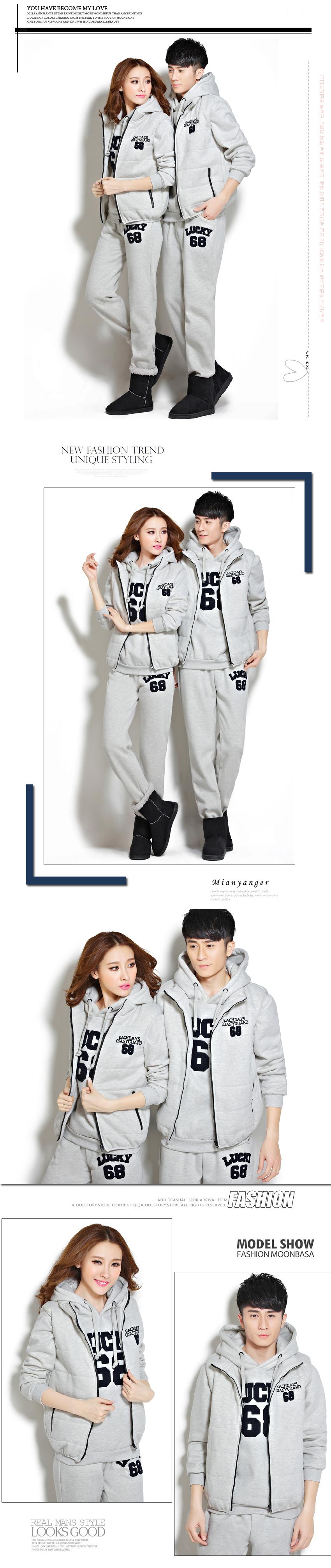 旭冲2015卫衣女秋冬款女装韩版男女三件套加绒加厚运动服 全棉情侣装运动套装1880 宝蓝 M