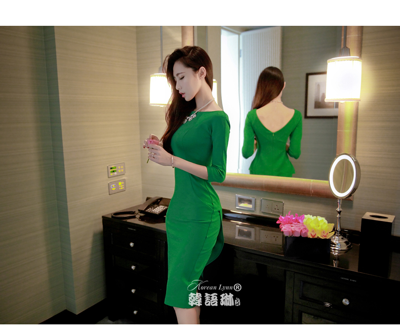 
                                        韩语琳空间秋冬女装性感礼服名媛修身包臀开叉礼服 连衣裙长裙 绿色 M                