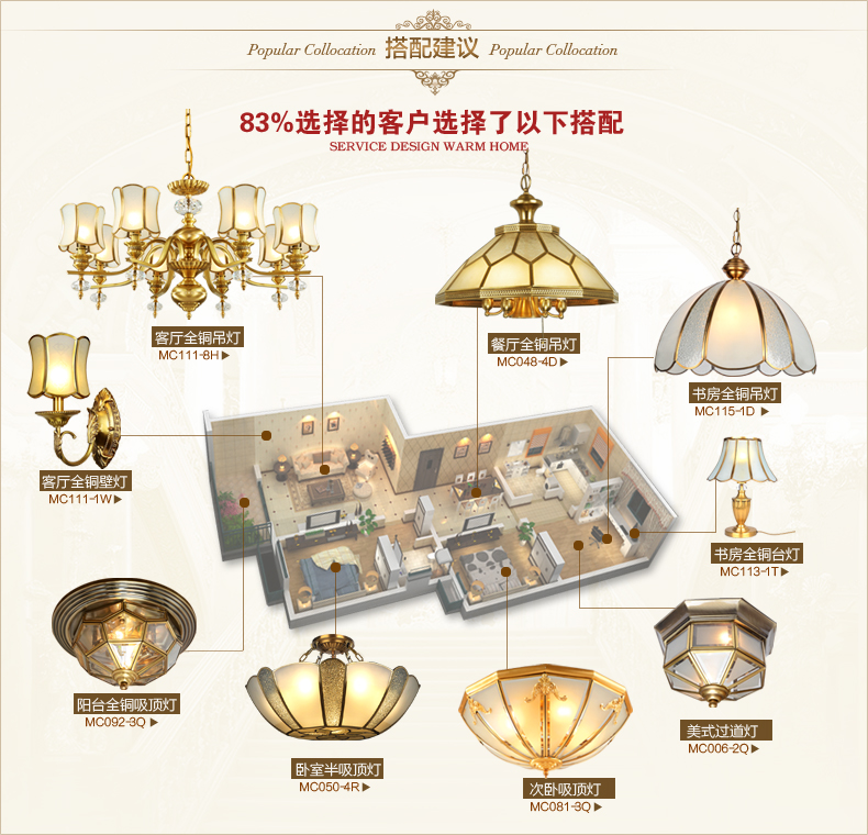 月影凯顿铜灯全铜灯美式欧式现代简约温馨浪漫卧室书房灯半吸顶灯 半吸顶灯
