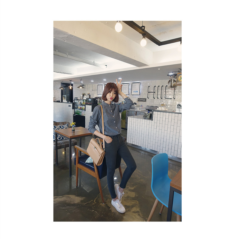 香爱蜜 2015秋季新款韩版修身OL复古波点衬衣女衬衫 深灰色 M