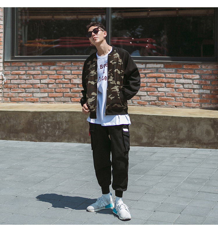 勒巴朗夹克男2017春秋新款男装外套休闲薄修身衣服潮迷彩拼接 黑色 m
