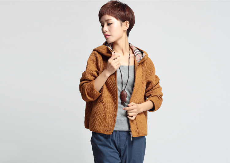 欣依煊 2015秋冬拼接格子连帽大码女装短外套 夹克衫女 藏蓝色 XL