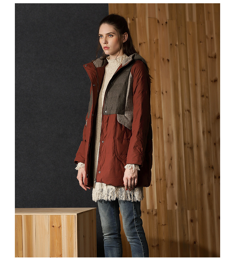 达衣岩女装冬款复古撞色连帽羽绒服保暖中长款羽绒外套 h46荒原卡其 l