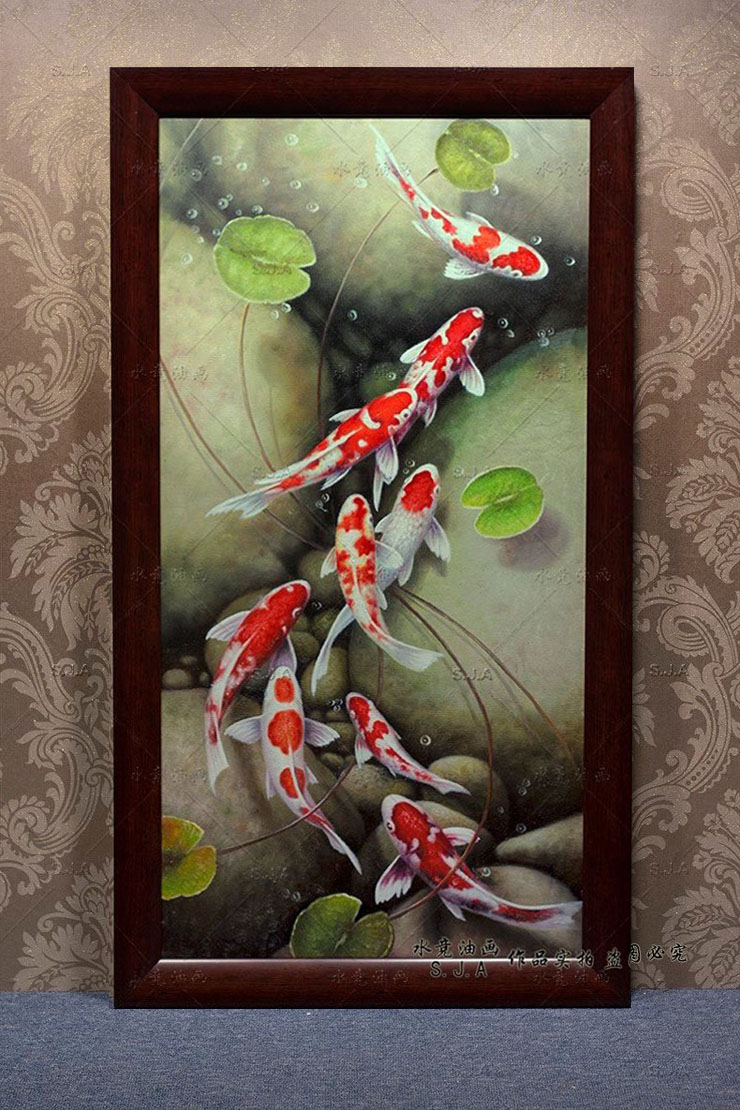 
                                                            油画玄关装饰画九鱼图竖版现代客厅壁画中式风水欧式手绘定制挂画 A款W03A裂纹银 60*120                