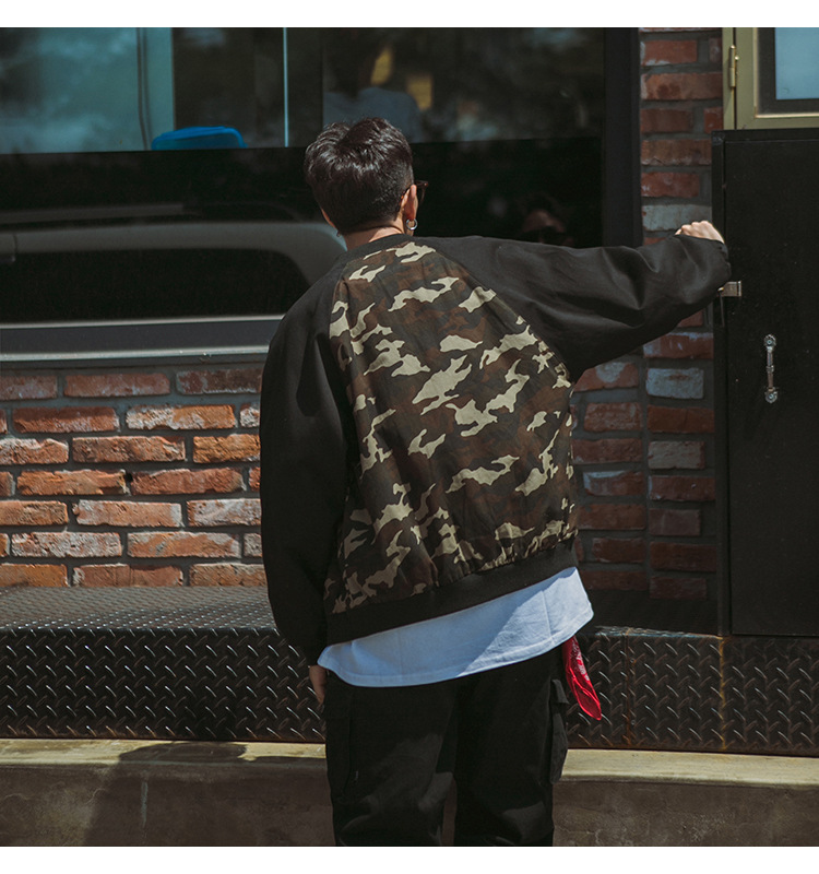 勒巴朗夹克男2017春秋新款男装外套休闲薄修身衣服潮迷彩拼接 黑色 m