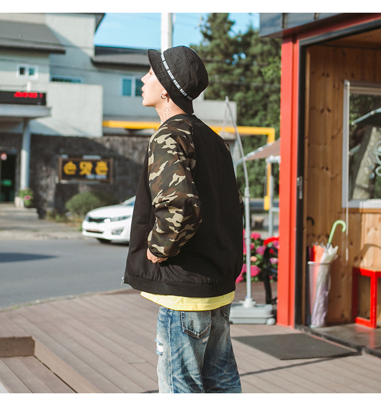 勒巴朗夹克男2017春秋新款男装外套休闲薄修身衣服潮迷彩拼接 黑色 m