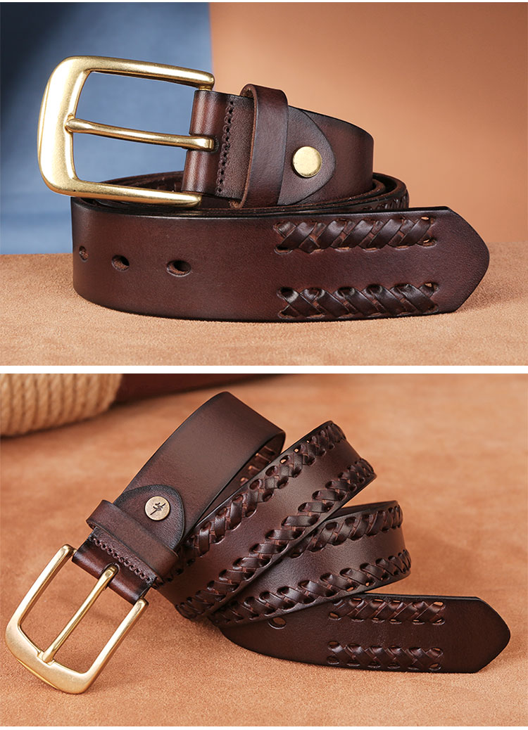 Cattlesboss Leather Belt for Men, Cowhide Waistband with Pin Buckle, Top-Grain Leather with Copper Buckle, Handwoven 1977, Dark Brown, 110cm 12