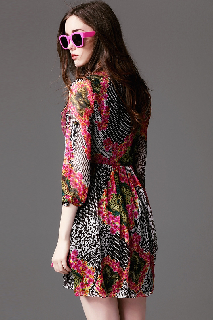 埃菲尔真丝印花连衣裙收腰修身复古抽象中袖裙子 红色 xl