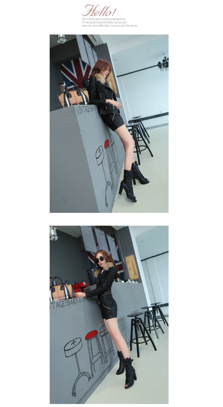 金莎飞狐 2015春季新品韩版修身PU皮机车皮衣短款外套 女  512 酒红+真毛领 L