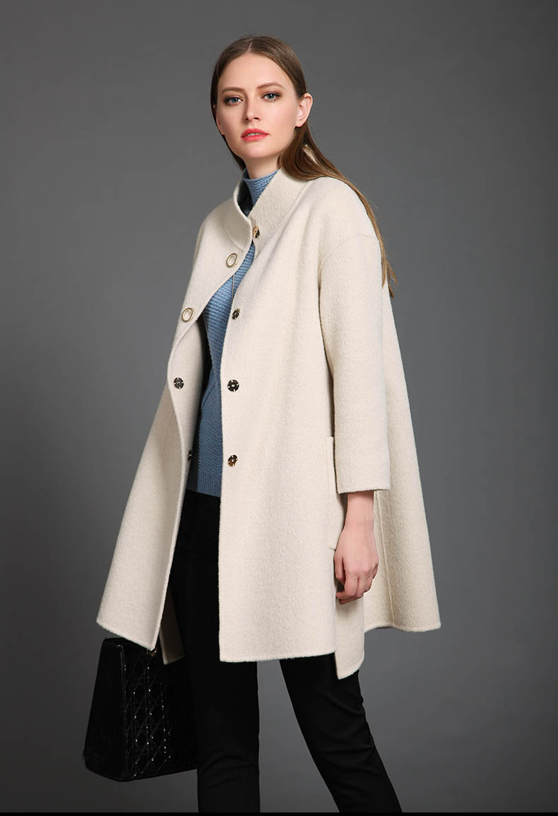 婉睿阿尔巴卡羊绒大衣女秋冬韩版立领斗篷型羊毛外套 米白 m