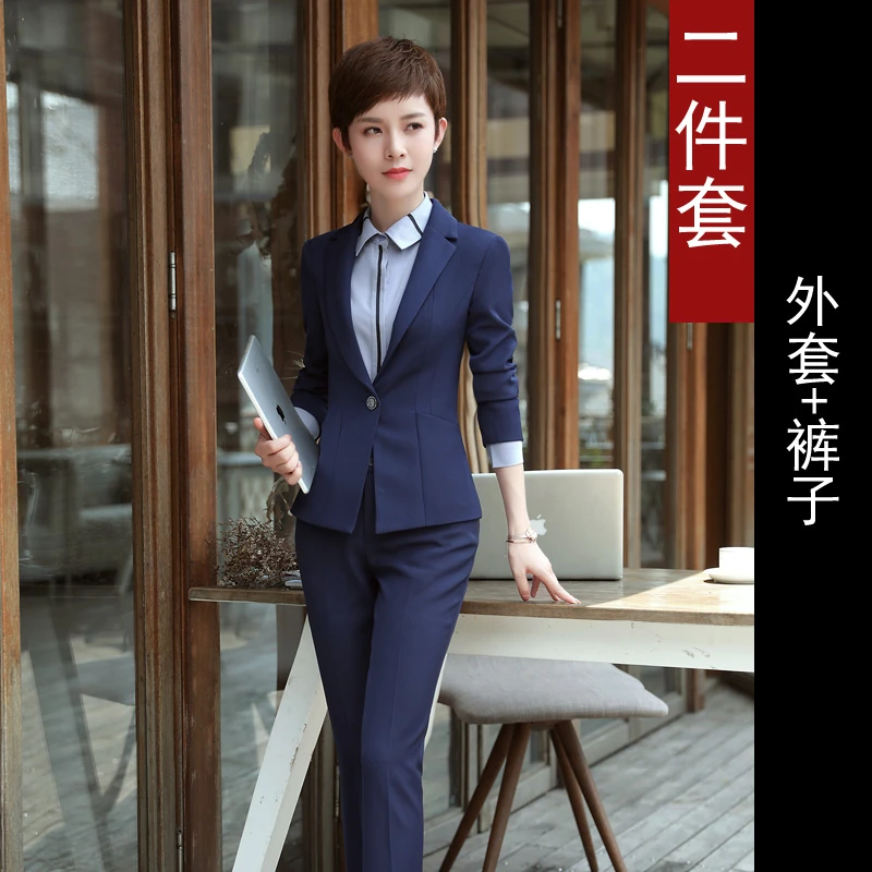 Business suits women's new fashion autumn and winter work clothes suits business suits interview three-piece blue top + blue pants L