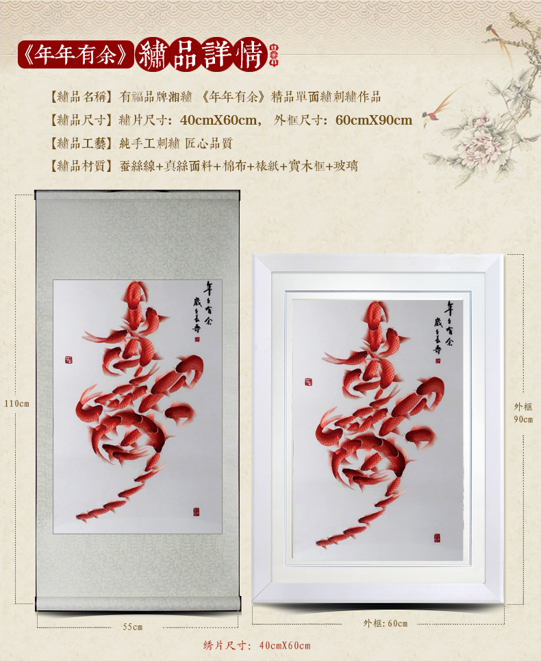 有福 湘绣传统文化年年有余寿字鱼装饰画祝寿寿诞寿星长辈礼品 名画百