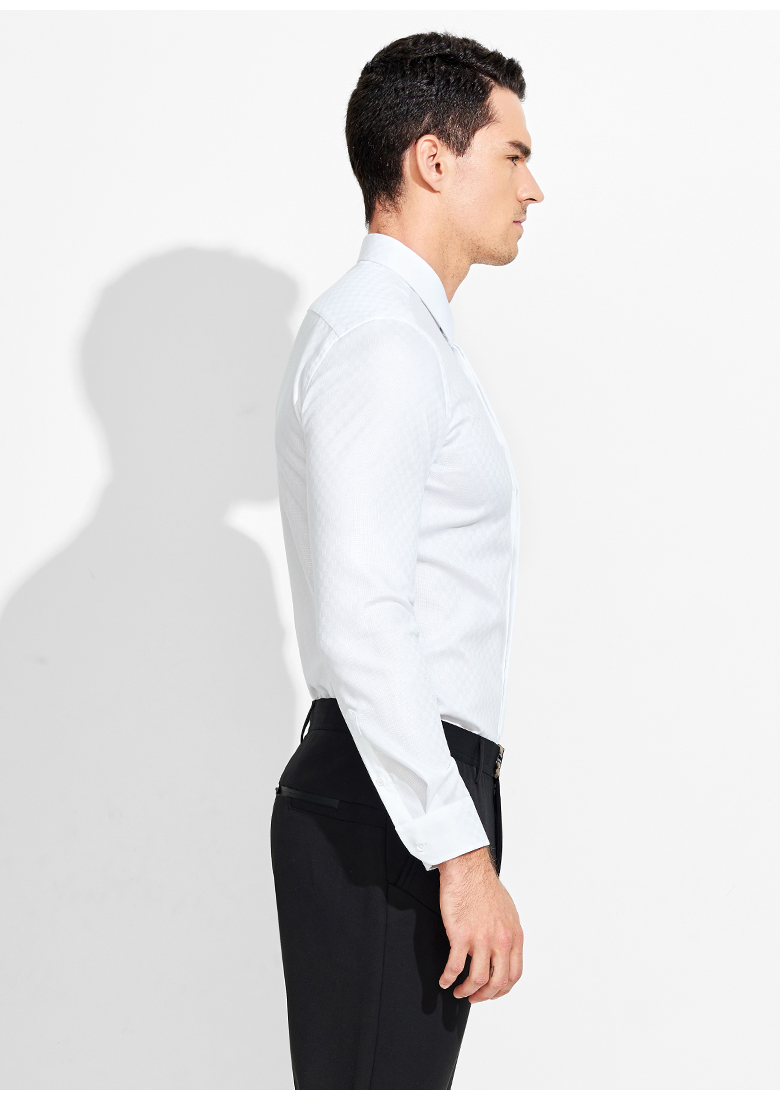 元本basique 秋季新款暗条纹长袖白色衬衫男修身商务衬衣正装寸衫