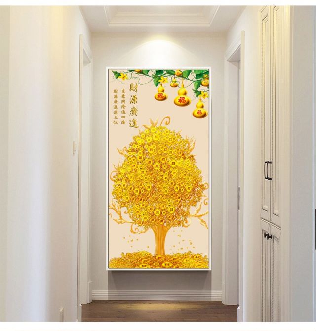 现代简约走廊过道风景壁画竖版楼梯墙画客厅挂画油画山水画 黄金满屋