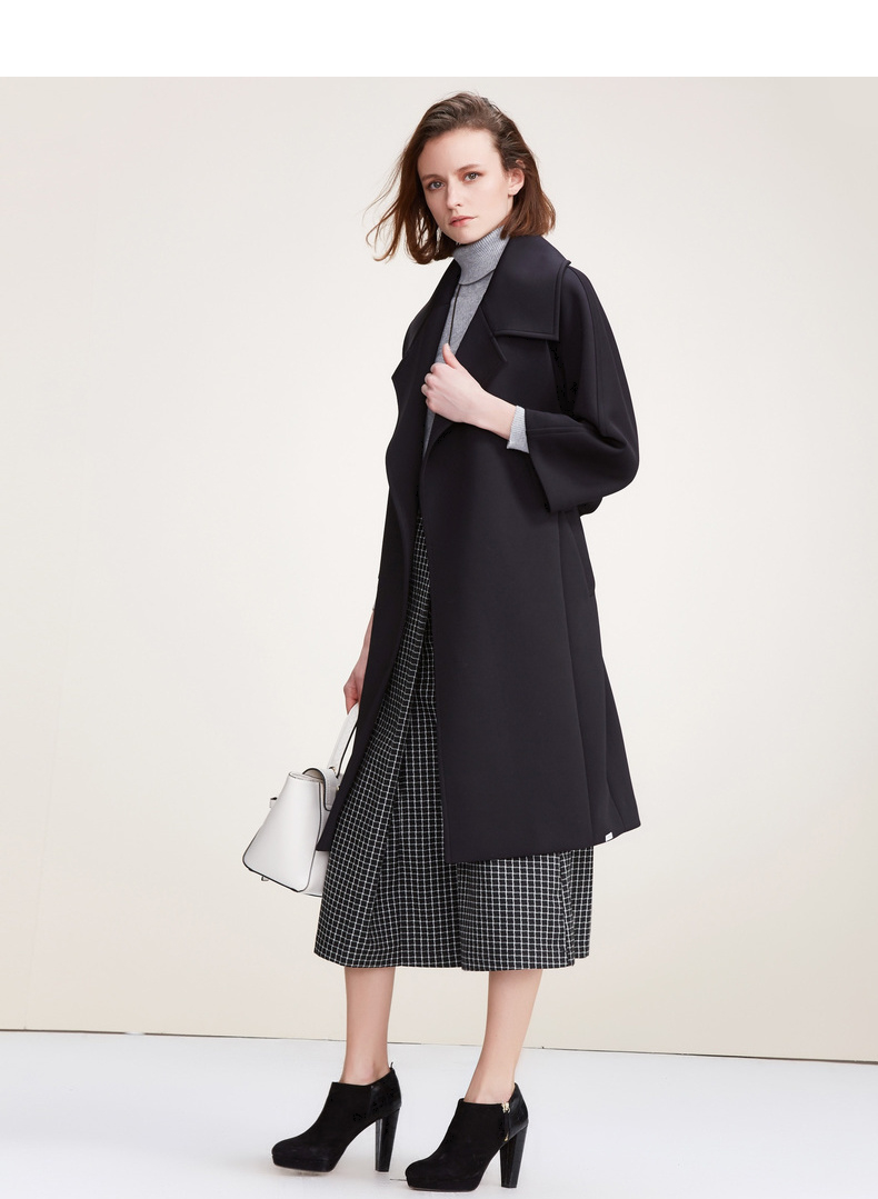 舒朗2018春装新款女装 黑色百搭翻领中长款风衣外套女 黑色 l_现价-1