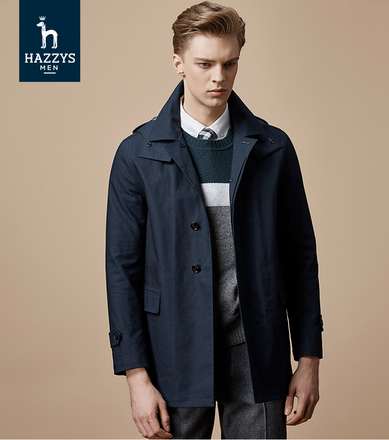 哈吉斯hazzys 秋冬新款风衣男简约修身时尚带帽外套aswzh07ch02 米色