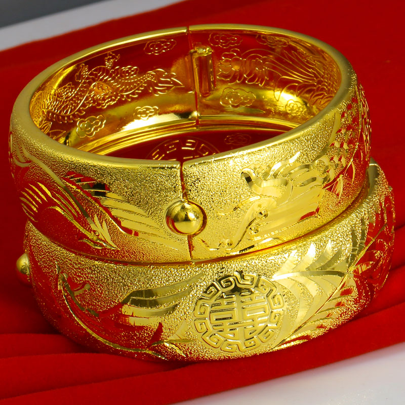 千影珠宝黄色金手镯大金镯子婚庆饰品结婚手镯女款首饰双喜字龙凤镯仿