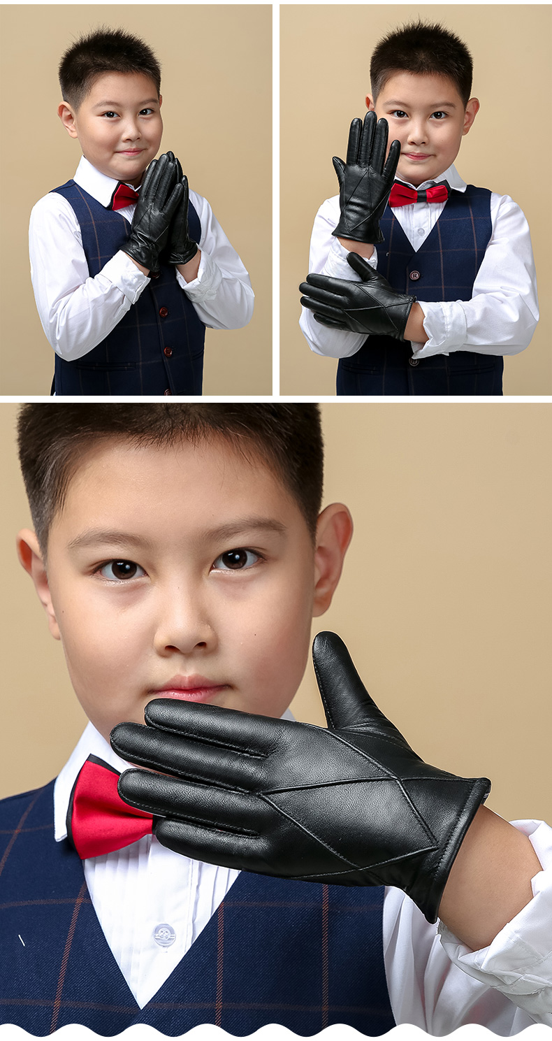 boouni冬季儿童手套保暖加绒加厚男孩小学生真皮手套小孩羊皮手套黑色