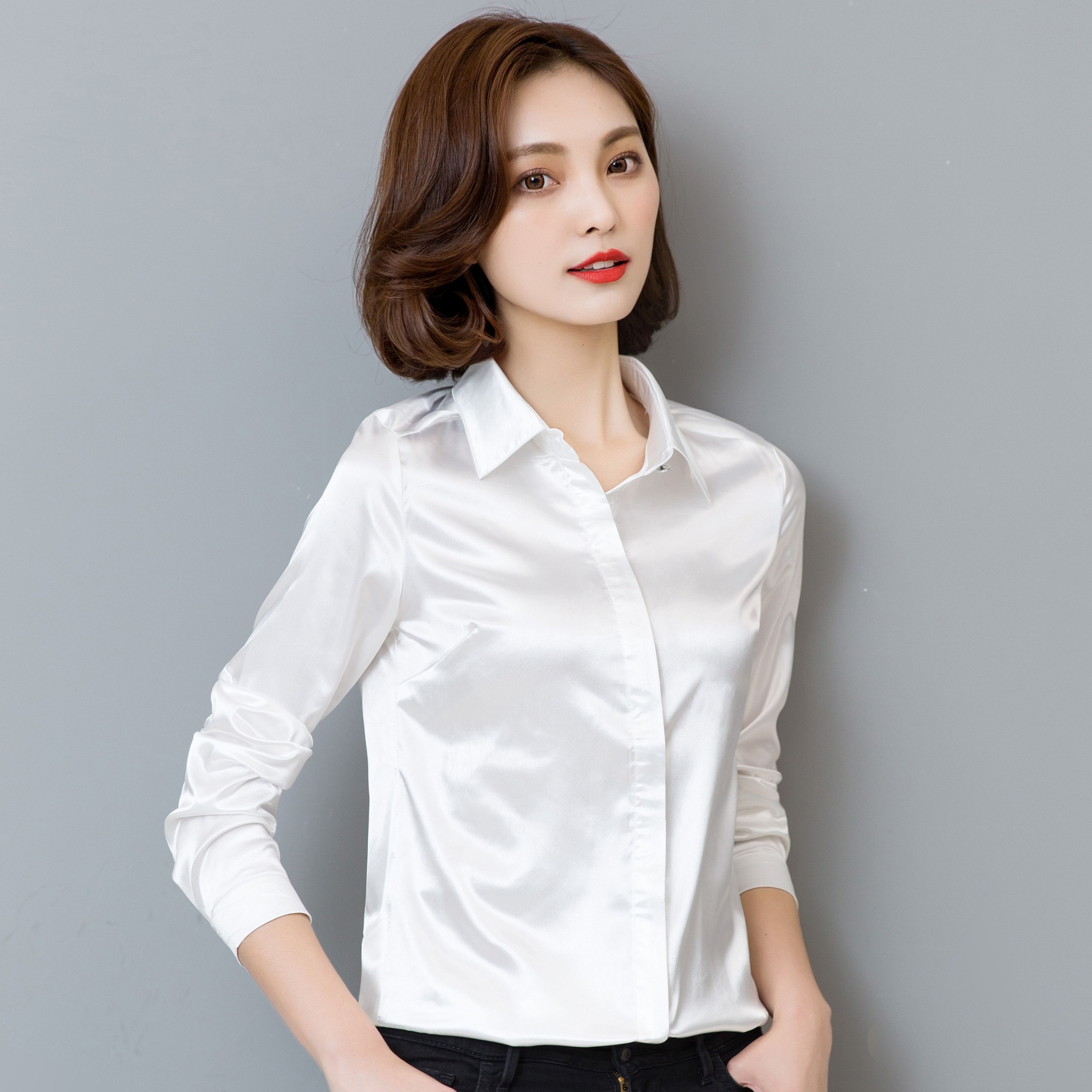 束曼正品牌女装职业真丝长袖衬衫春夏桑蚕丝白衬衣大码上衣 香槟色 l