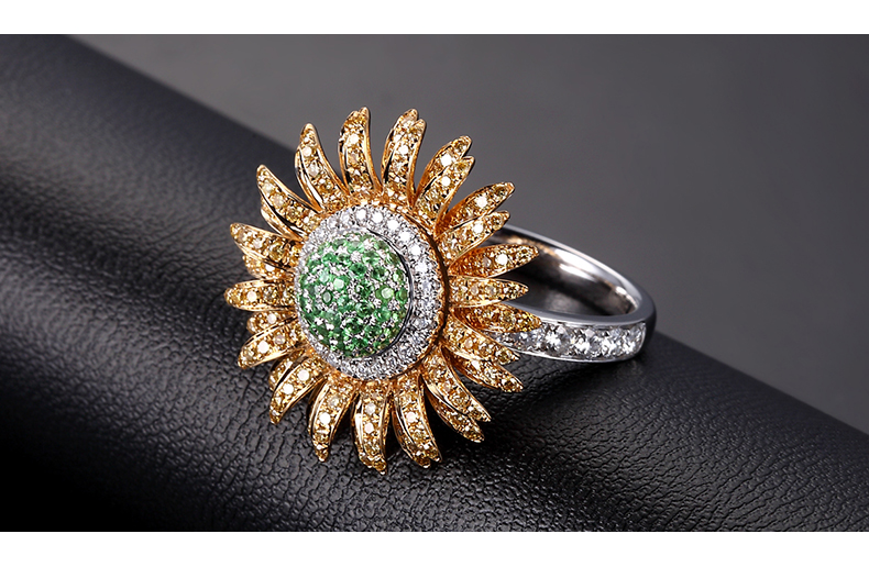 阿卡莎珠宝 18k金饰钻石黄钻沙弗莱群镶钻戒 向日葵钻石戒指 手寸13#