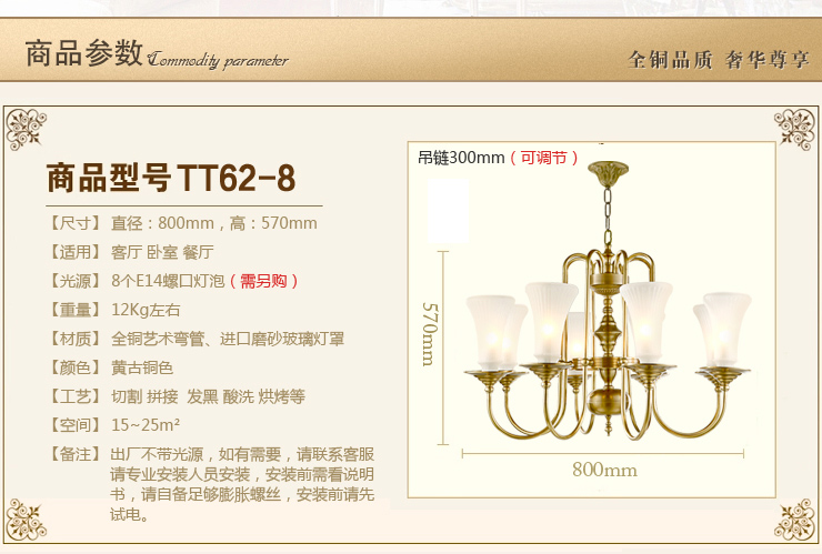 蒙特丽 客餐厅卧室吊灯 TDX3 欧式全铜灯具(B) 型号TT62-8头