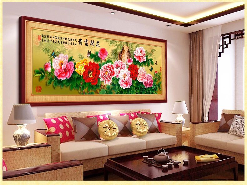 
                                        皇室至尊蒙娜丽莎十字绣精准印花新款花开富贵牡丹花客厅大画花草系列大幅 11CT丝线印花1.95*0.7米3股线绣                