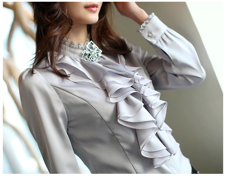 
                                        名诺儿2016秋季职业工作服女士白衬衫女装长袖上衣仿真丝衬衣女荷叶边修身款花边领 662白色 XL                
