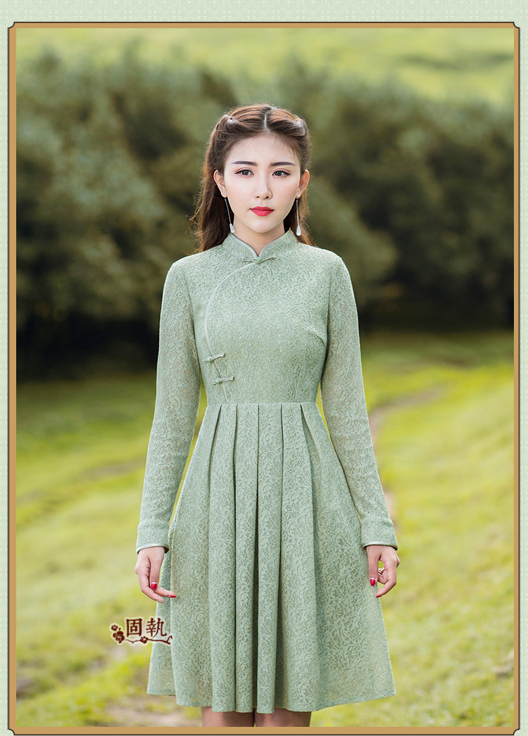 固执春夏新款女装文艺复古修身立领盘扣长袖蕾丝中裙连衣裙 绿色 175