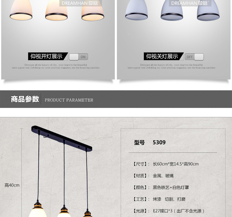 梦晗 现代简约创意时尚餐厅客厅酒吧吧台三头LED餐吊灯5309 5309-1(单头)