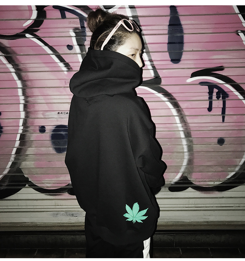 weedlover枫叶印花连帽慵懒卫衣国潮牌男女情侣港风街头帽衫秋季 黑色