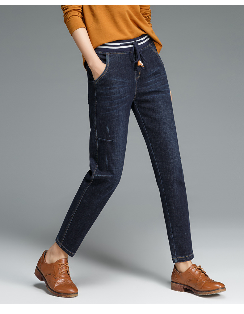 oulie牛仔小脚哈伦裤子女春秋时尚松紧腰宽松显瘦休闲九分裤2018欧美