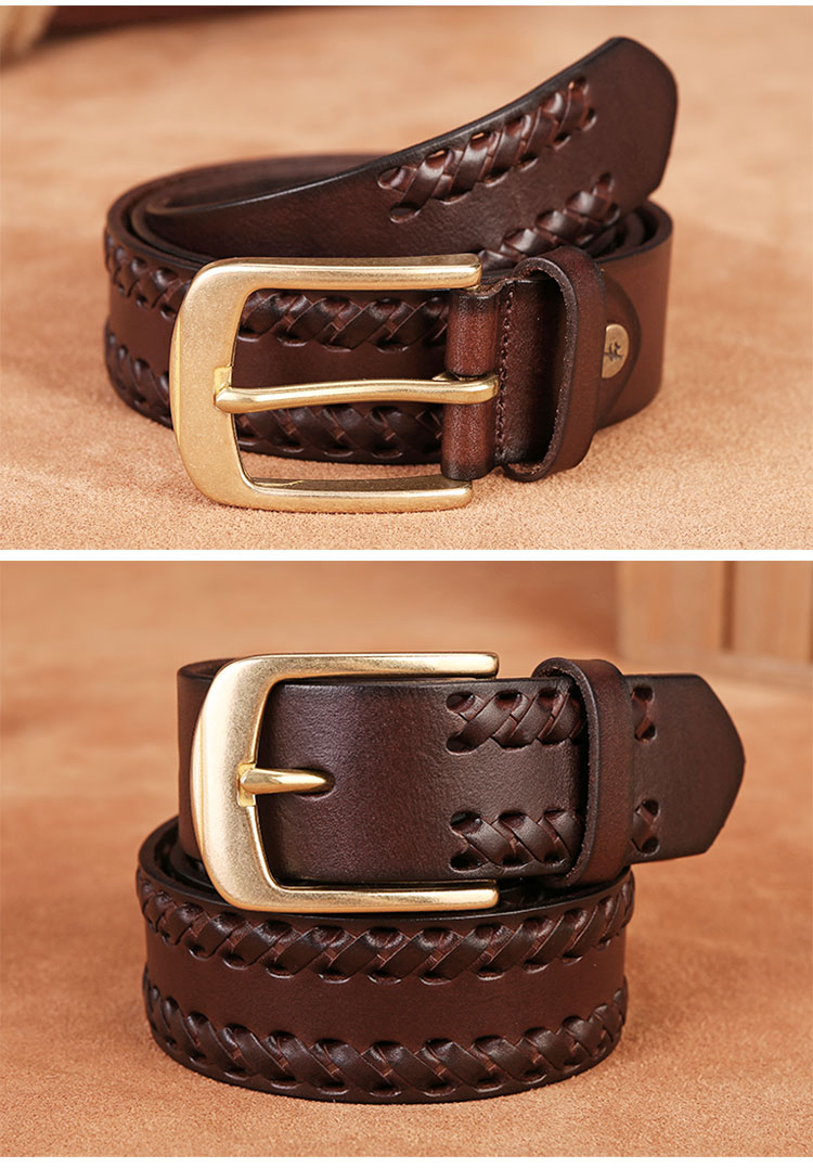 Cattlesboss Leather Belt for Men, Cowhide Waistband with Pin Buckle, Top-Grain Leather with Copper Buckle, Handwoven 1977, Dark Brown, 110cm 13