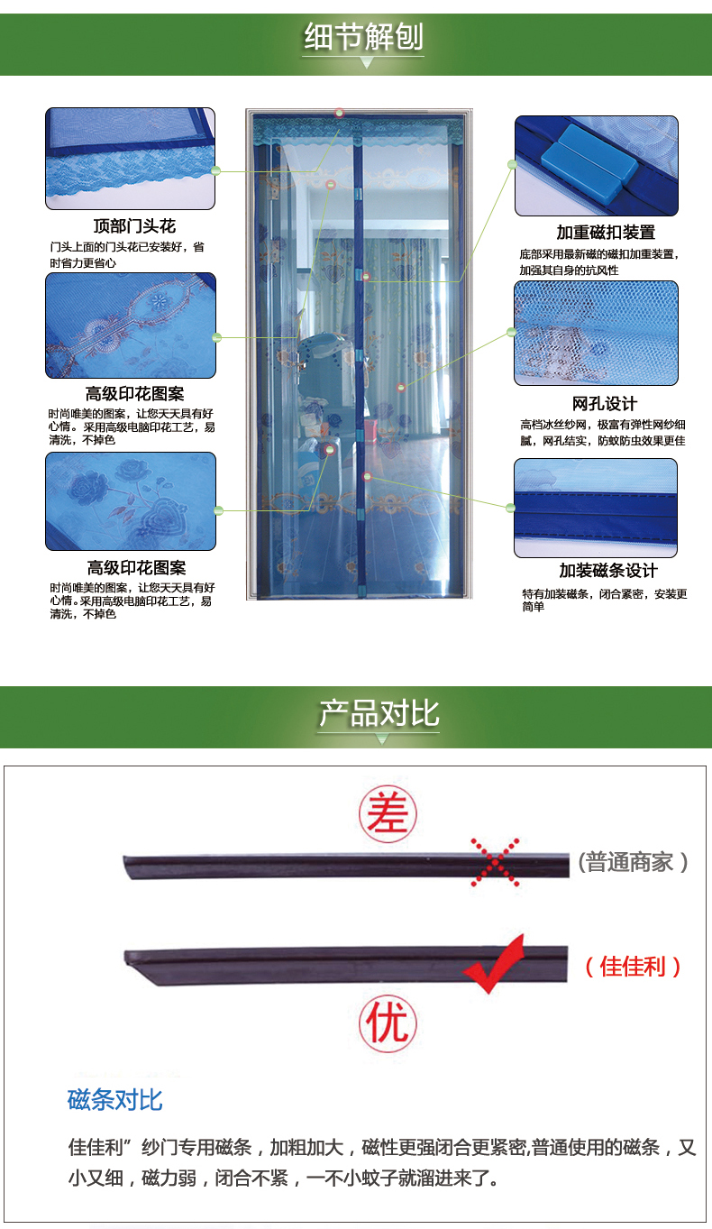 佳佳利 纯手工制作高档免穿磁条方扣软纱门 磁性防蚊软纱门 防蚊纱门 门帘 沙门 纱窗 冰丝蓝色 85x210