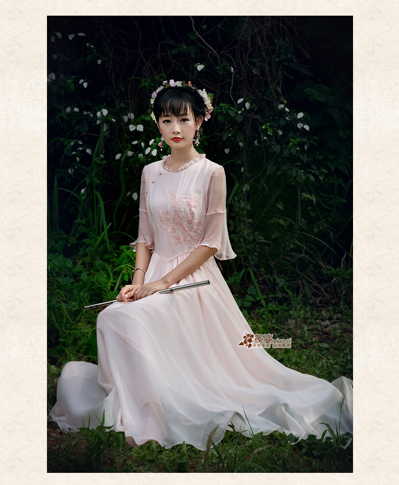 筱姿 清舞 2016春夏复古新款 女装木耳边 雪纺 绣花连衣裙长裙 浅粉 M