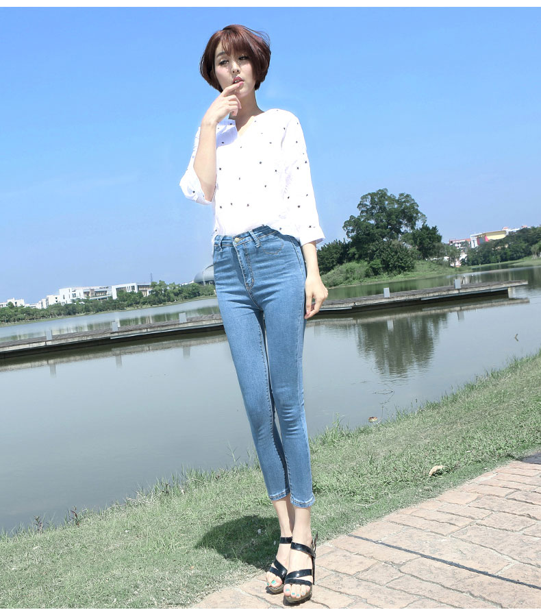 薇语馨 女装高腰修身显瘦九分小脚牛仔裤 2015夏季新时尚铅笔裤K3388 蓝色 28码