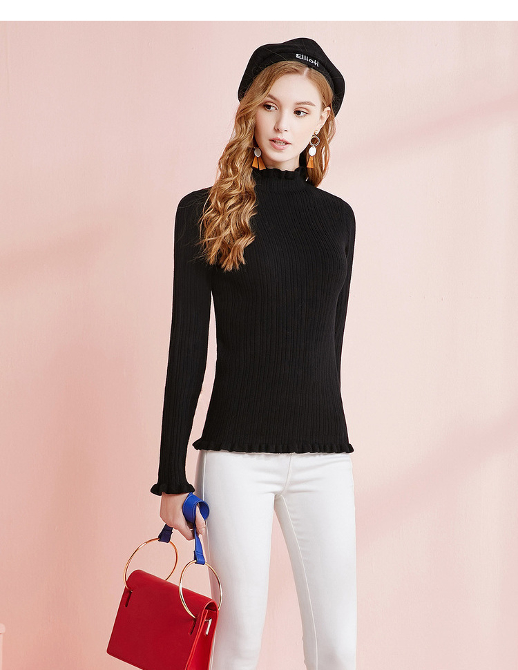 佳人苑2017冬装新款女装纯色花边立领毛衣木耳边针织衫套头毛衫 白色