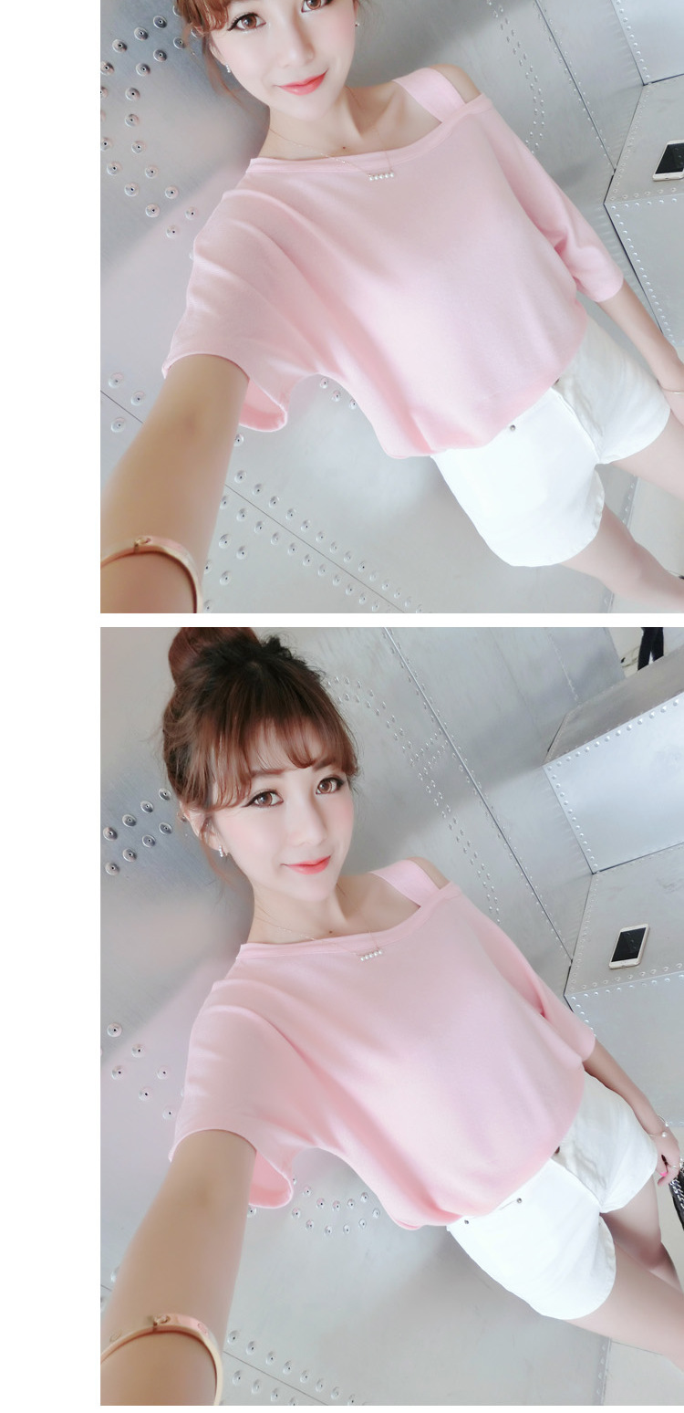 红晶灵2015新款韩版创意不对称宽松露半肩斜肩单吊带短袖t恤9053 黑色