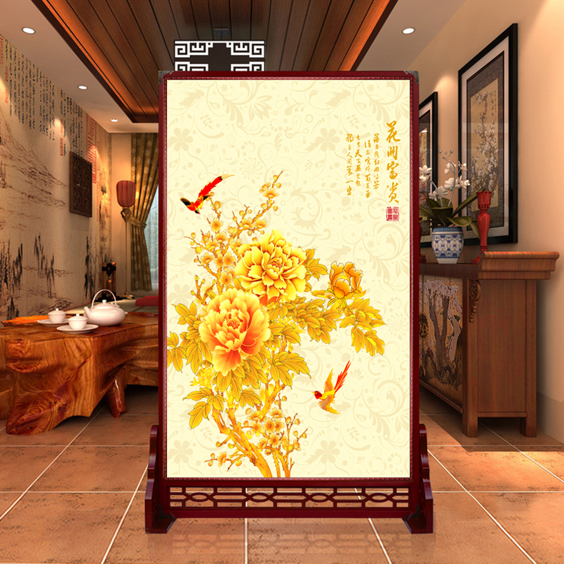 定制皮革座屏 中式书房酒店屏风 玄关办公室摄影客厅隔断双面屏风 花开富贵2 120cm宽X180高 左右镂空