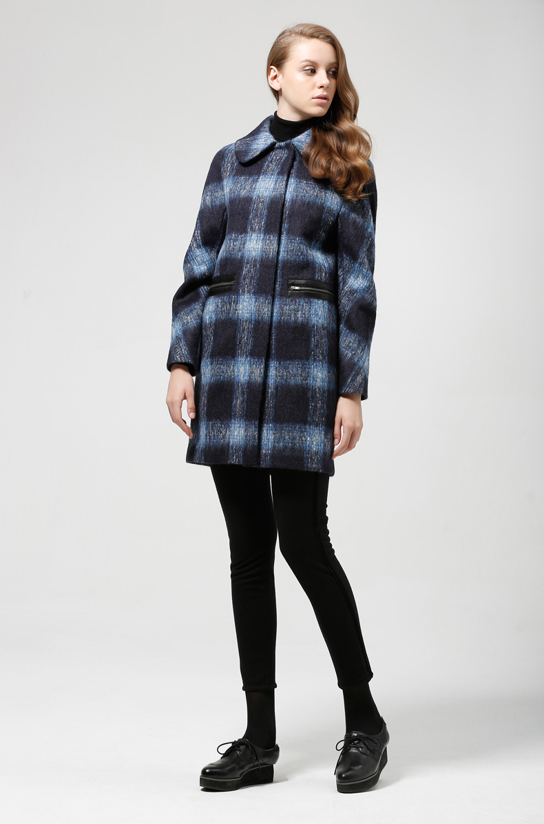 meacheal米茜尔 专柜正品春季新款女装 蓝色格纹中长款羊毛大衣 蓝格