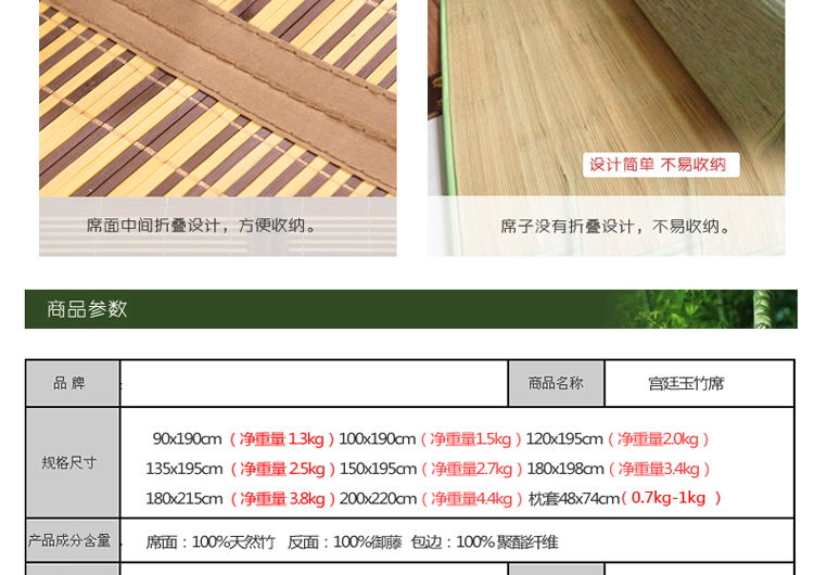 
                                        卫斯理折叠竹席三件套夏天凉席双人席子空调席1.35米 情系雅典 180*198cm三件套                