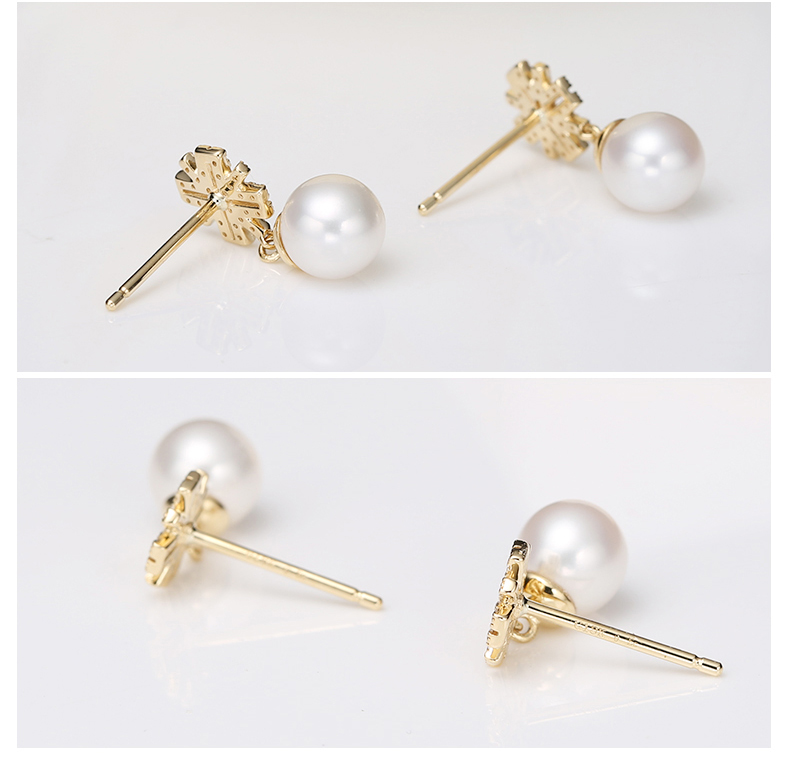 欧诗漫珠宝 天然珍珠耳坠18k金淡水珍珠近圆耳钉 雪灵 白色 6-7mm_ 8