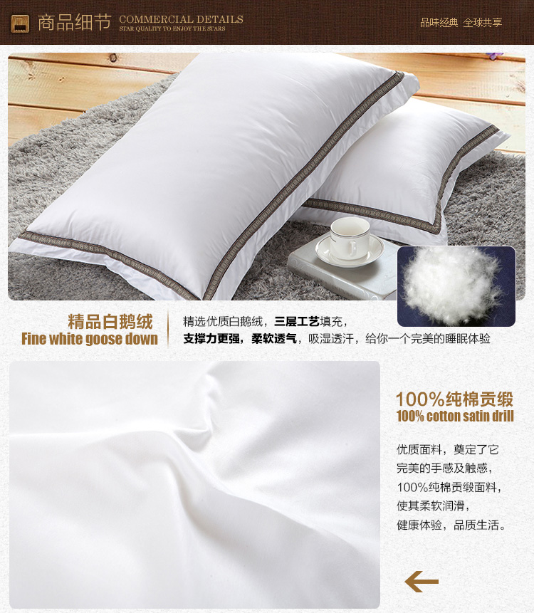 帝菲雅  羽绒枕头绣花羽绒枕芯 五星级酒店鹅绒枕芯 绣边枕(单个装) 74x48cm