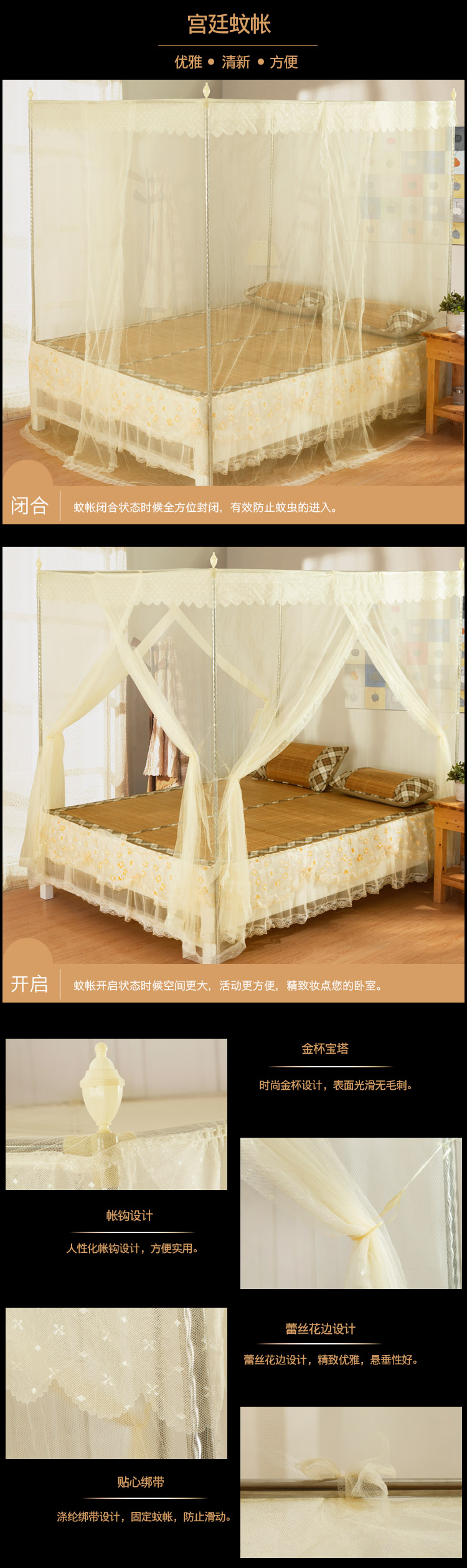 豪悦家纺 蚊帐三开门方顶落地蚊帐 双人单人床 033 白色 150*200cm螺纹管22号