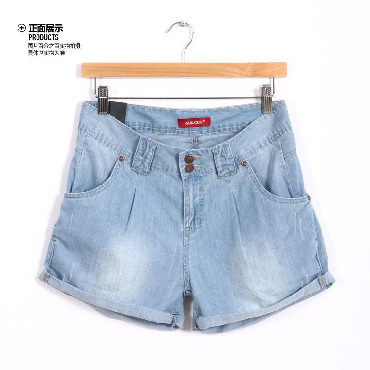 然与纯大码女夏潮BF阔腿宽松显瘦 学生mm牛仔短裤子简约修身薄R858 蓝色 34码