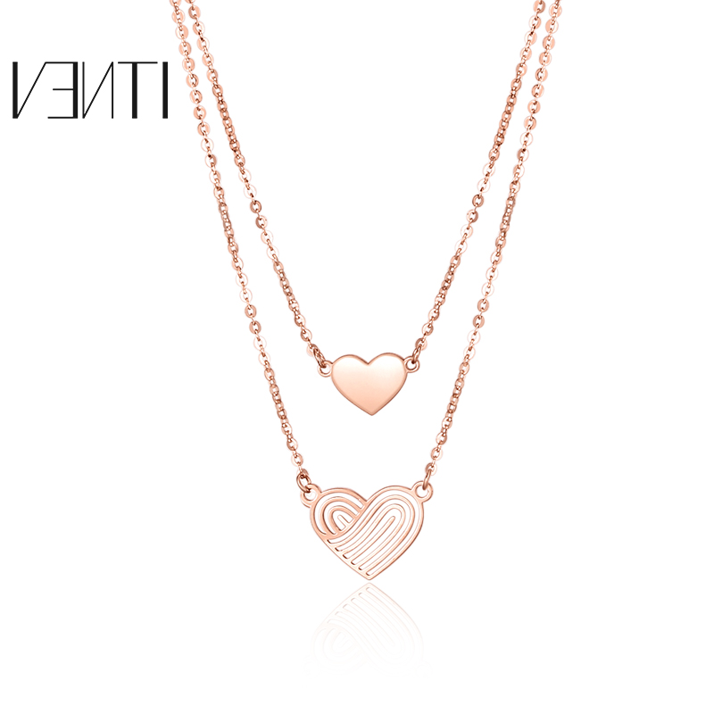 venti/梵迪 彩金项链 女 双层爱心吊坠18k玫瑰金项链 红18k金 链长约