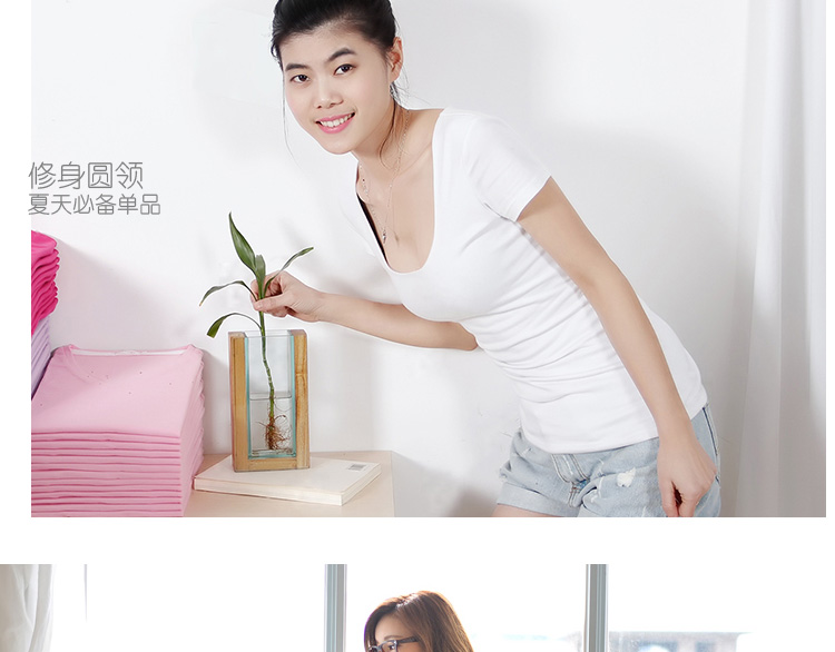 
                                        莎玛琳娜2016夏装T恤女短袖修身纯棉打底衫圆领紧身纯色体恤短袖T恤女半袖上衣3913 白色 M                
