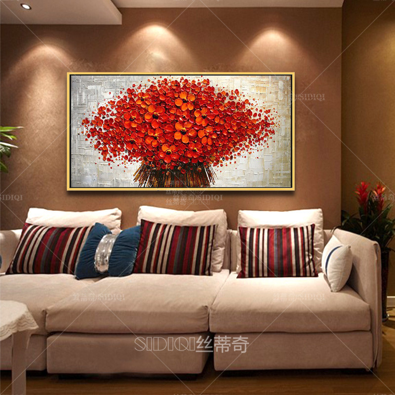 
                                        丝蒂奇SIDIQI现代新中式纯手绘艺术油画客厅挂画餐厅装饰画时尚家居壁饰抽象花卉有框画/红 B款 高40*宽80                