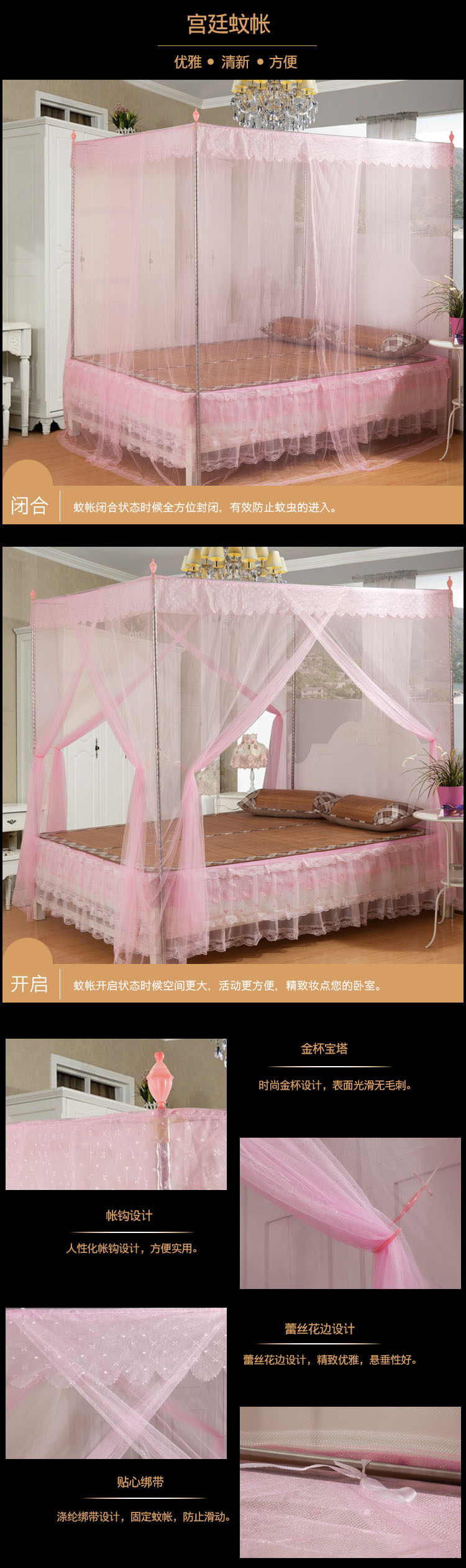 豪悦家纺 蚊帐三开门方顶落地蚊帐 双人单人床 033 白色 150*200cm螺纹管22号