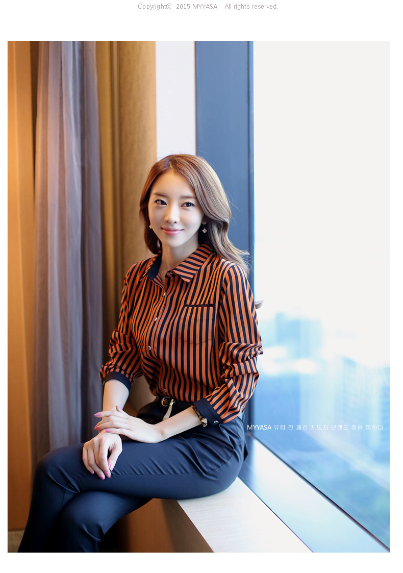 浪漫雅莎 韩版衬衫女长袖2016秋装新款大码女装上衣韩范潮百搭打底衫白条纹衬衣 卡其色 XXL
